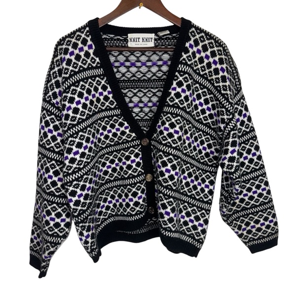 Vintage Knit Knit Black Purple White Cardigan Knit Halloween Fall Grandpa - Picture 1 of 12